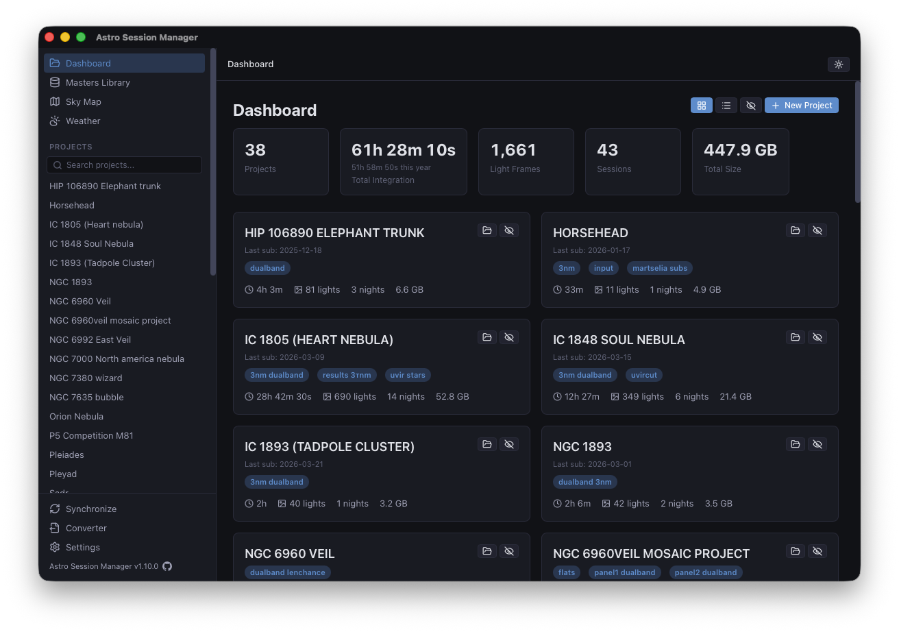 Dashboard — projects list with integration time and calibration status