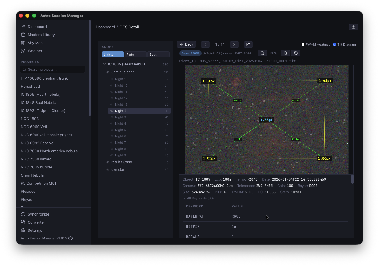 FITS detail — frame inspection with star metrics and header data