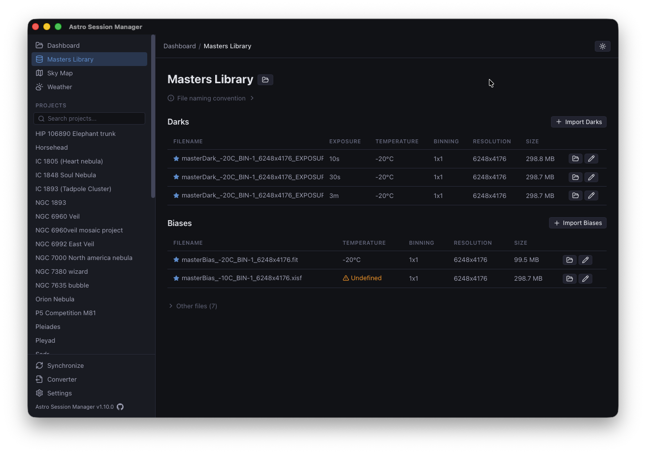Masters library — darks, biases, and flats with calibration matching