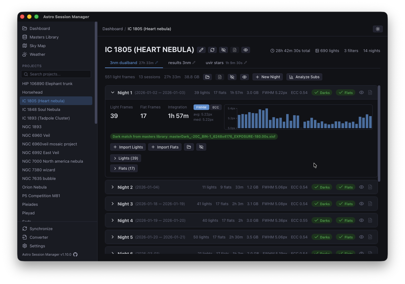 Project view — filters, sessions, and per-filter frame breakdown