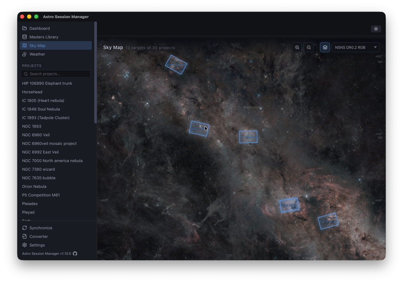 Sky Map — captured project frames plotted on a HiPS deep-sky survey background